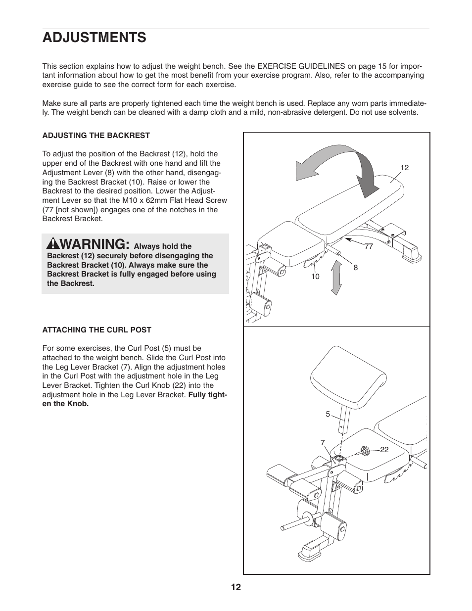 Adjustments, Warning | ProForm PFB38031 User Manual | Page 12 / 23