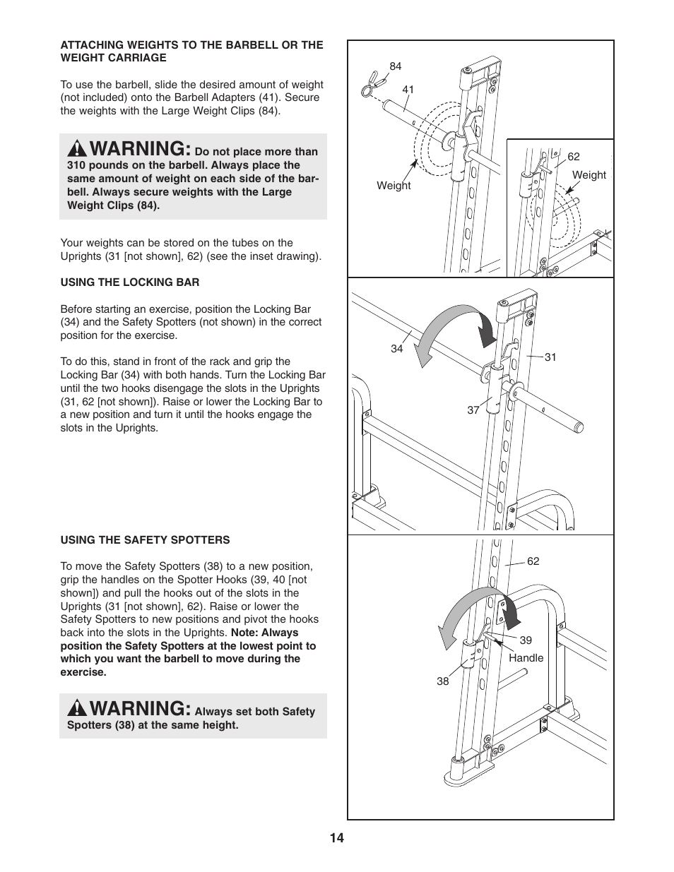 Warning | ProForm PFB38031 User Manual | Page 14 / 23