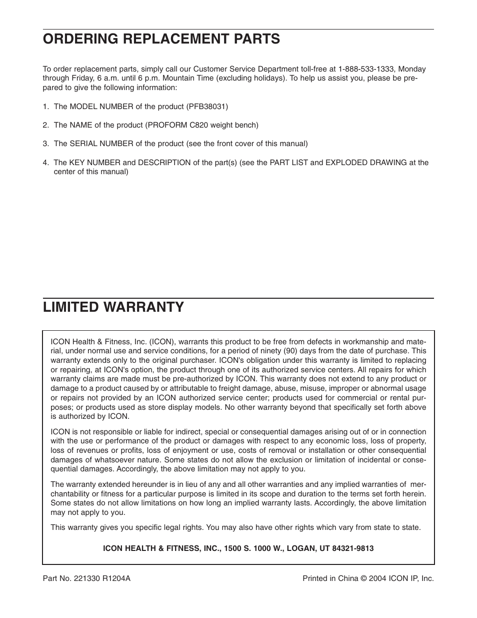 Limited warranty, Ordering replacement parts | ProForm PFB38031 User Manual | Page 23 / 23