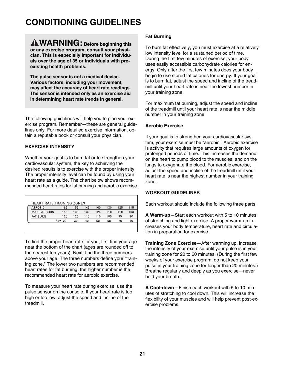 Conditioning guidelines, Warning | ProForm 590QS 831.299243 User Manual | Page 21 / 26