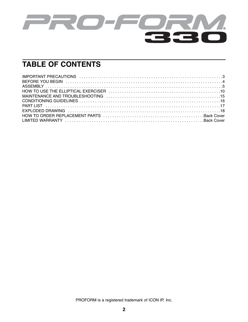 ProForm 330 PFEL3226.0 User Manual | Page 2 / 20
