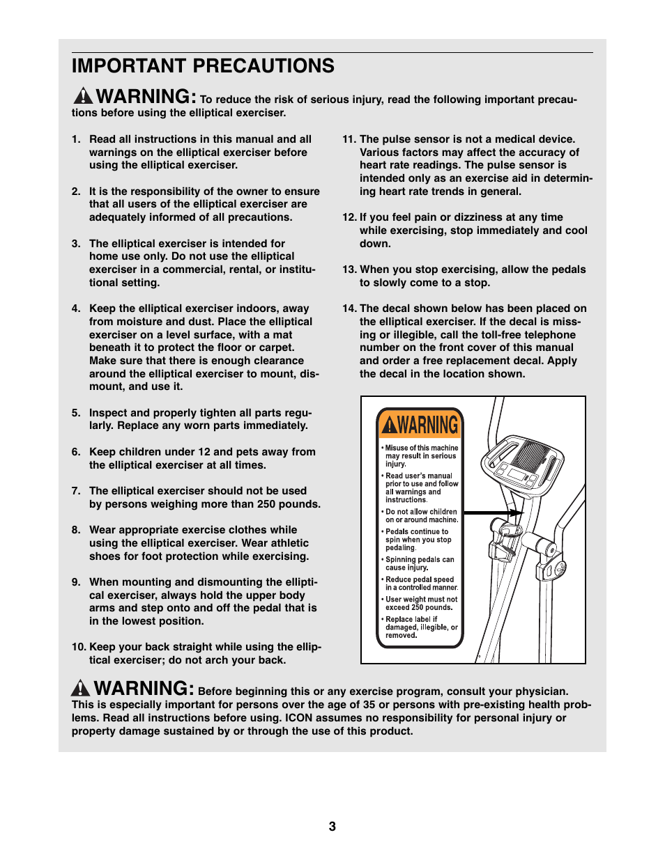 Important precautions warning, Warning | ProForm 330 PFEL3226.0 User Manual | Page 3 / 20