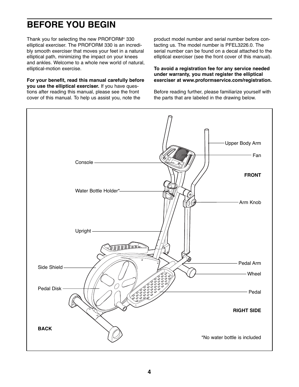 Before you begin | ProForm 330 PFEL3226.0 User Manual | Page 4 / 20