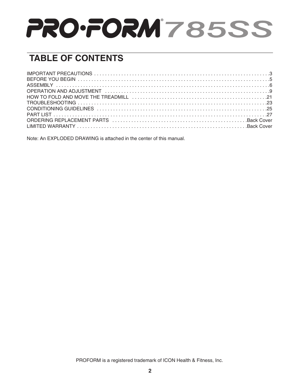 ProForm 785ss PFTL79103 User Manual | Page 2 / 30