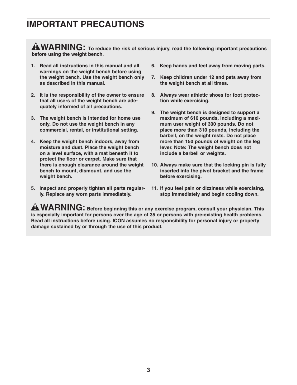 Warning, Important precautions | ProForm PFANBE2525.0 User Manual | Page 3 / 16