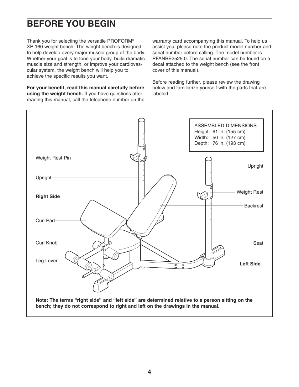 Before you begin | ProForm PFANBE2525.0 User Manual | Page 4 / 16