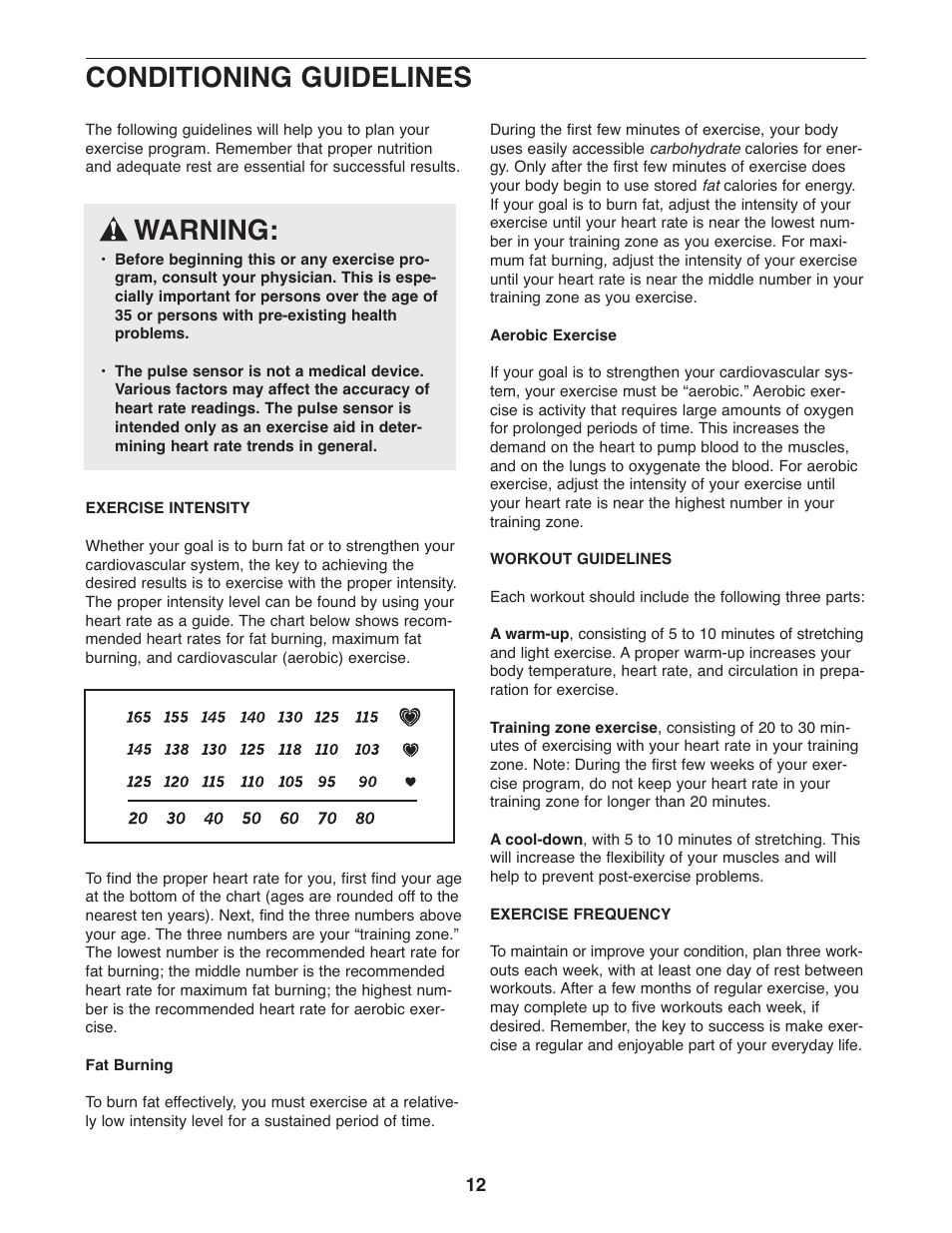 Conditioning guidelines, Warning | ProForm SR 20 User Manual | Page 12 / 16