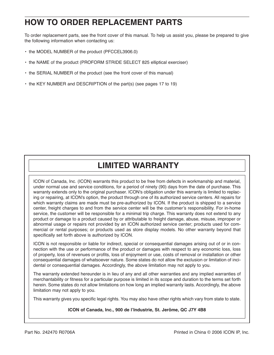 How to order replacement parts, Limited warranty | ProForm PFCCEL3906.0 User Manual | Page 20 / 20