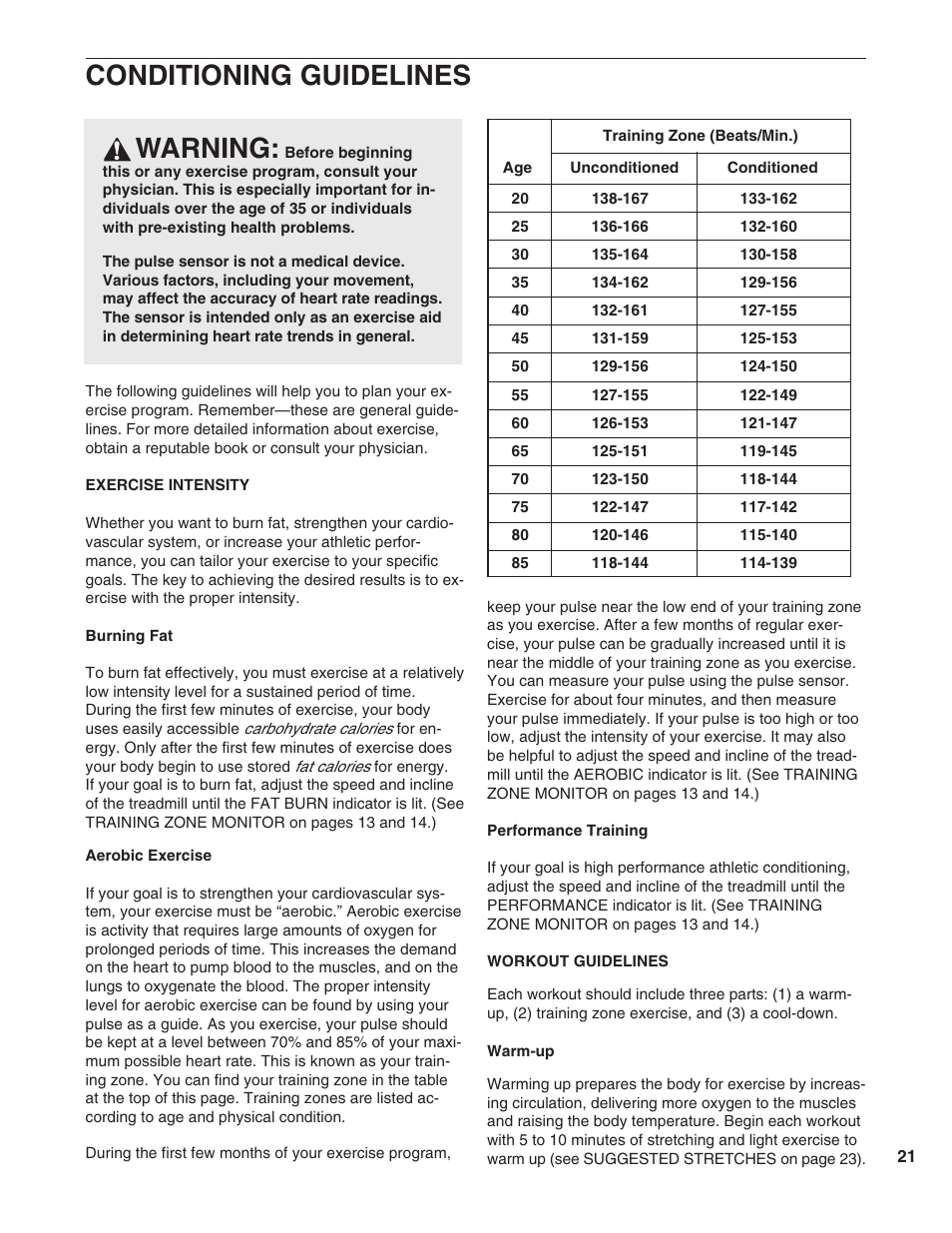 Conditioning guidelines, Warning | ProForm T10.0 PFTL05051 User Manual | Page 21 / 26