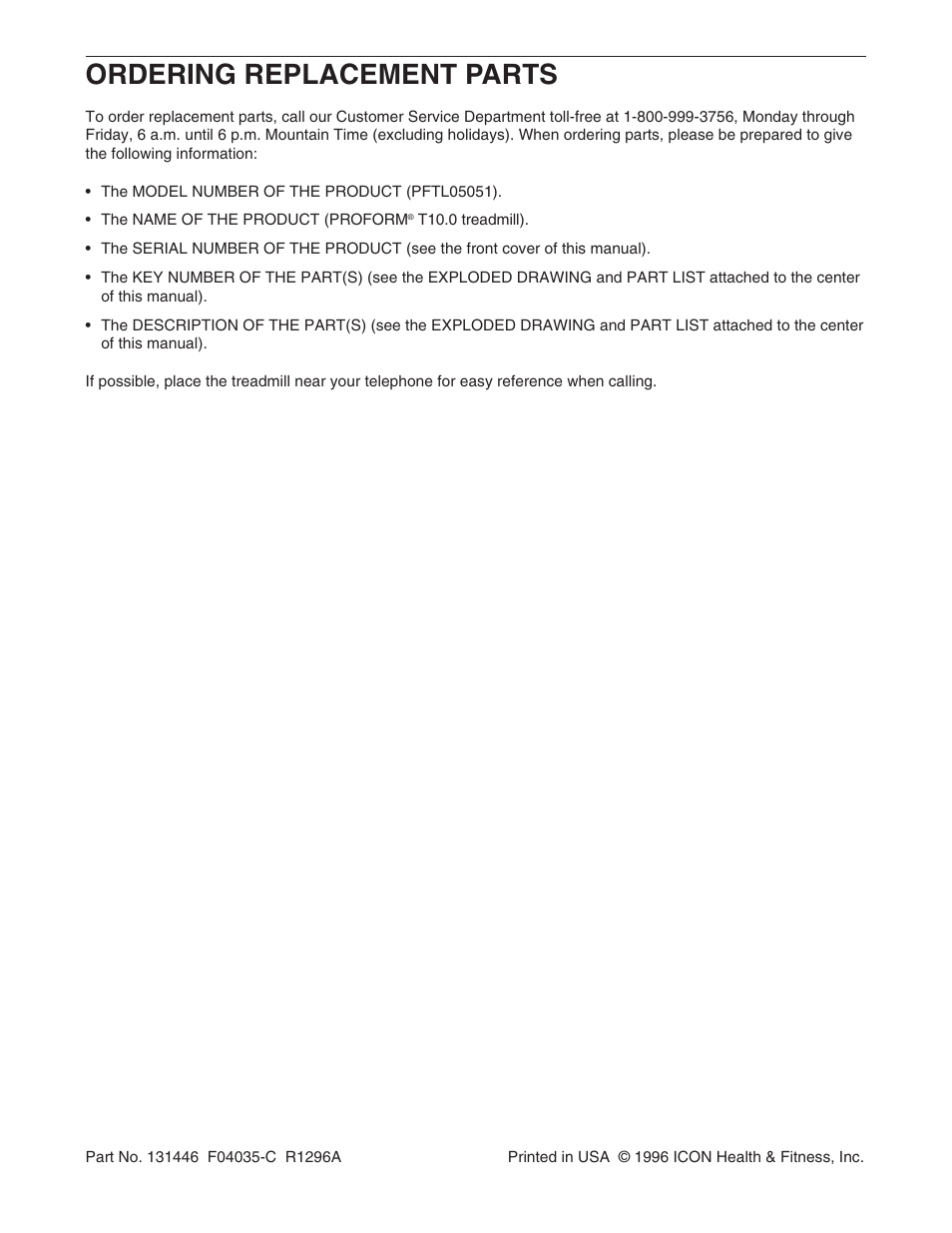 Ordering replacement parts | ProForm T10.0 PFTL05051 User Manual | Page 26 / 26