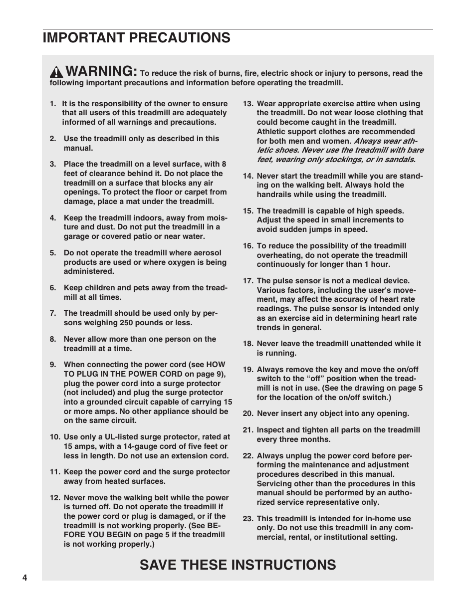 Warning, Save these instructions important precautions | ProForm T10.0 PFTL05051 User Manual | Page 4 / 26