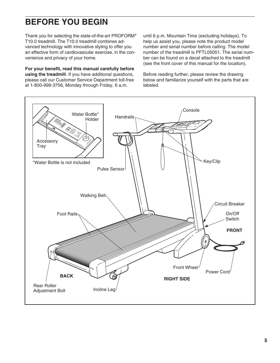 Before you begin | ProForm T10.0 PFTL05051 User Manual | Page 5 / 26