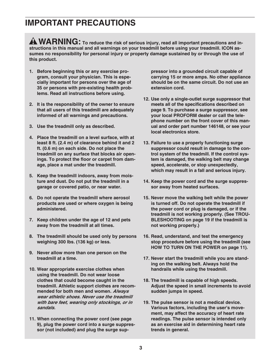 Warning, Important precautions | ProForm CrossTrainer PFTL57507.0 User Manual | Page 3 / 28