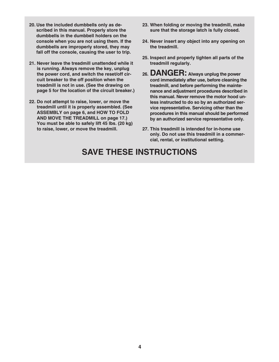 Danger, Save these instructions | ProForm CrossTrainer PFTL57507.0 User Manual | Page 4 / 28