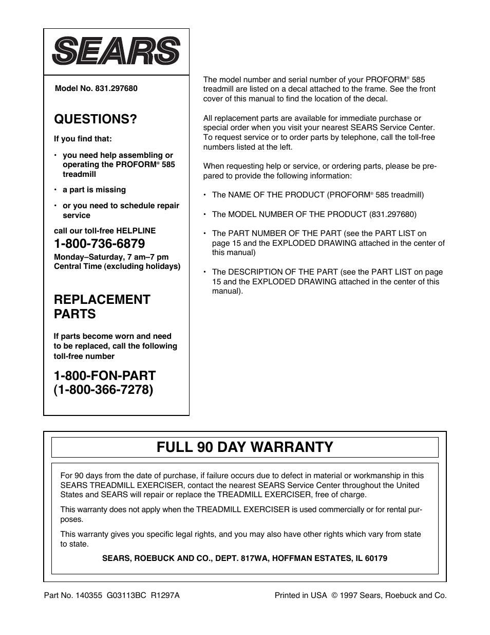 Full 90 day warranty, Questions, Replacement parts | ProForm 831.297680 User Manual | Page 18 / 18