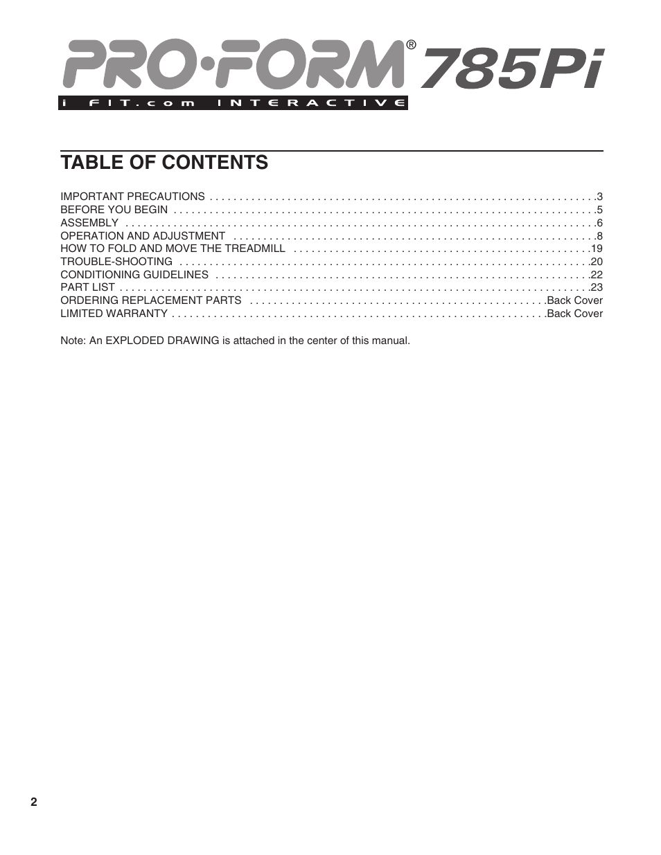 ProForm 785Pi PFTL79190 User Manual | Page 2 / 26