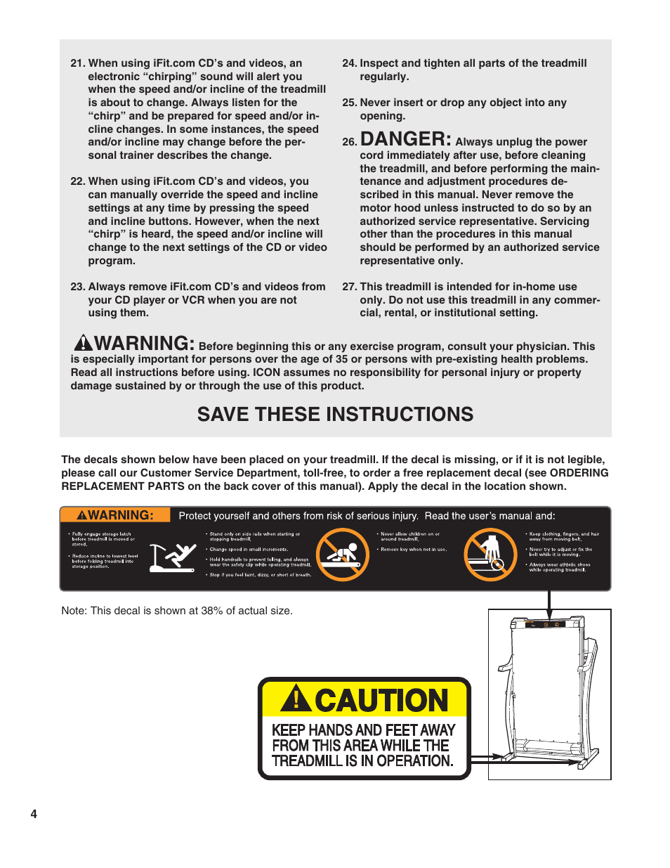 Danger, Warning, Save these instructions | ProForm 785Pi PFTL79190 User Manual | Page 4 / 26