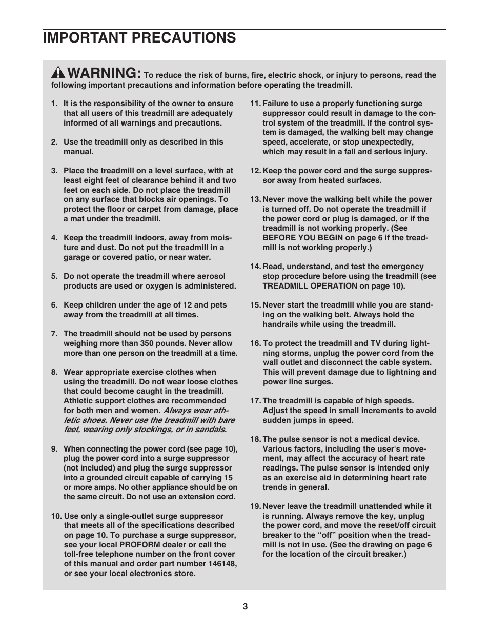 Warning, Important precautions | ProForm 1500 PFTL94105.1 User Manual | Page 3 / 30