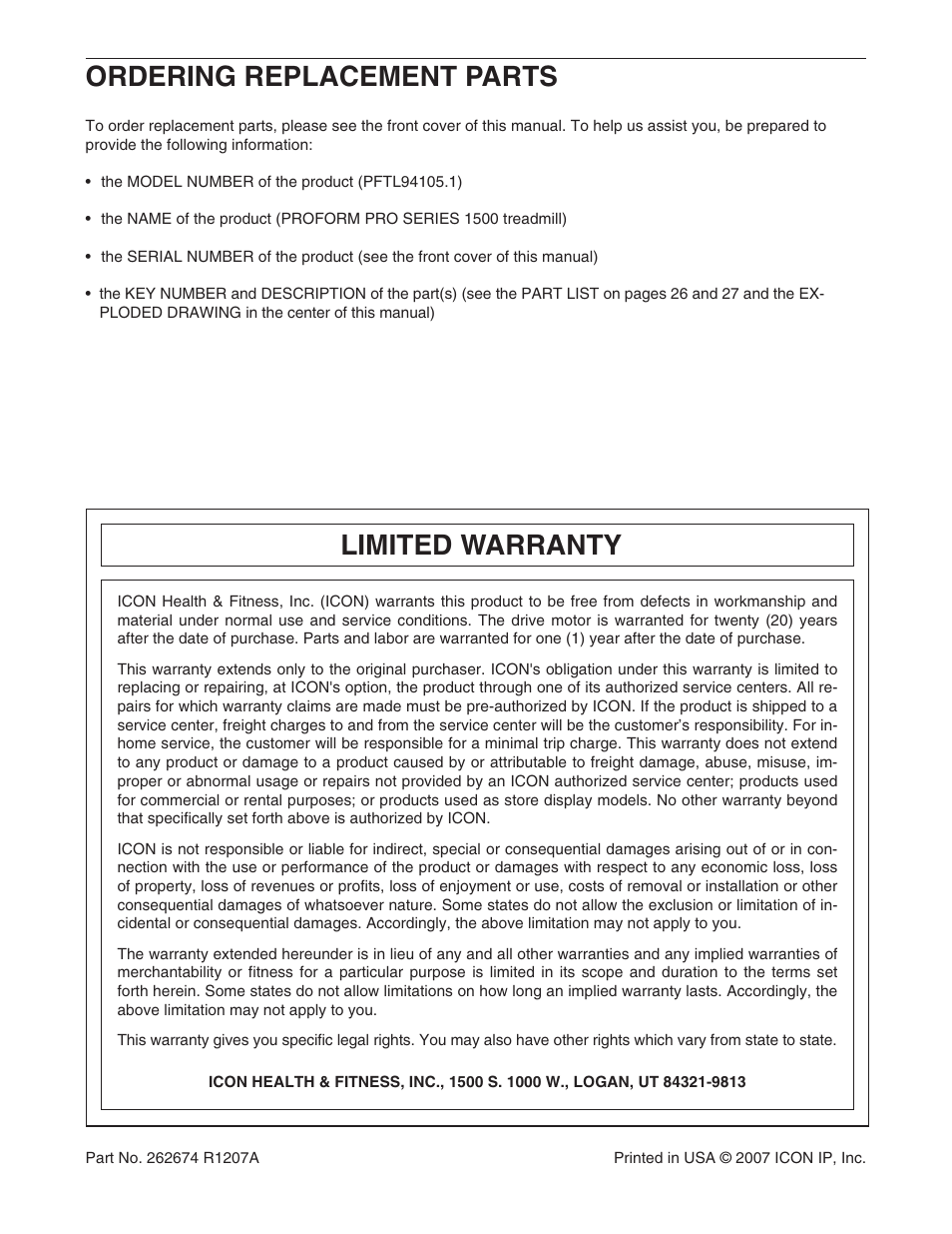 Ordering replacement parts, Limited warranty | ProForm 1500 PFTL94105.1 User Manual | Page 30 / 30