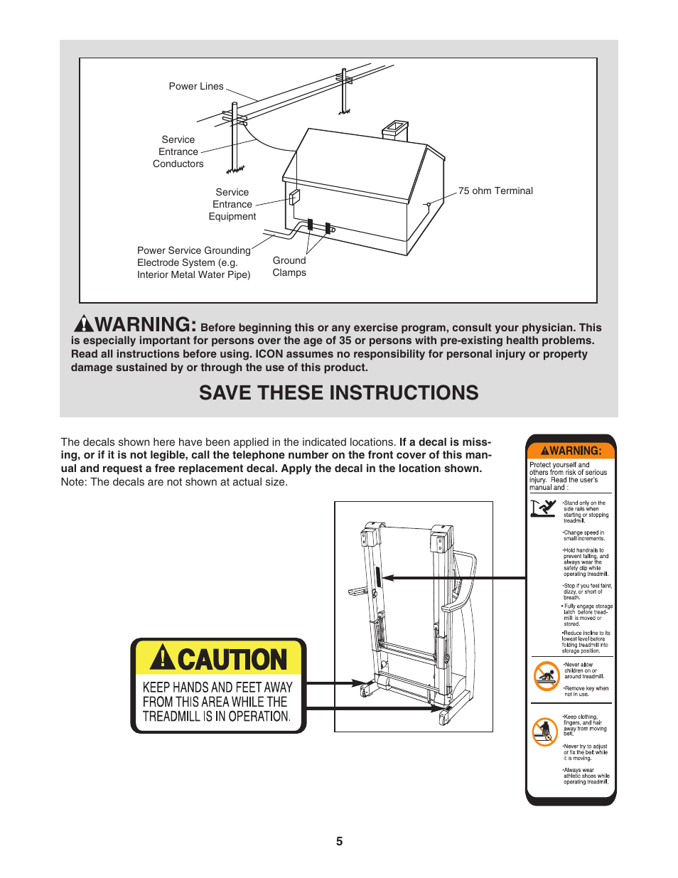 Warning, Save these instructions | ProForm 1500 PFTL94105.1 User Manual | Page 5 / 30