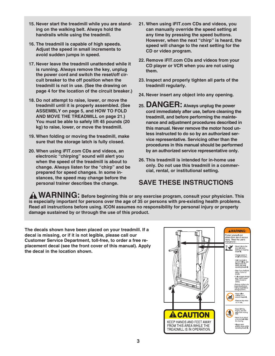 Danger, Warning, Save these instructions | ProForm PFTL79022 User Manual | Page 3 / 30