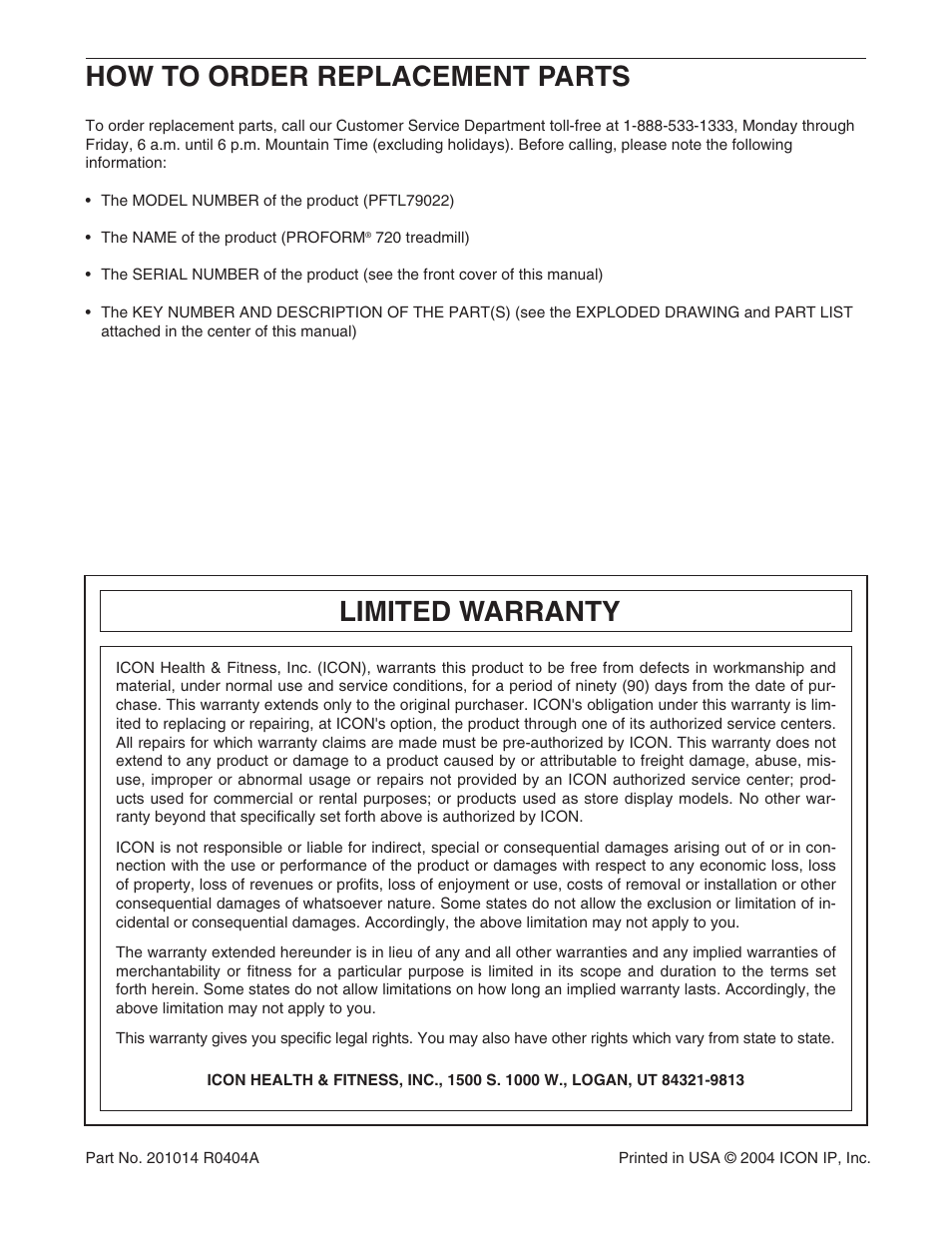 How to order replacement parts, Limited warranty | ProForm PFTL79022 User Manual | Page 30 / 30