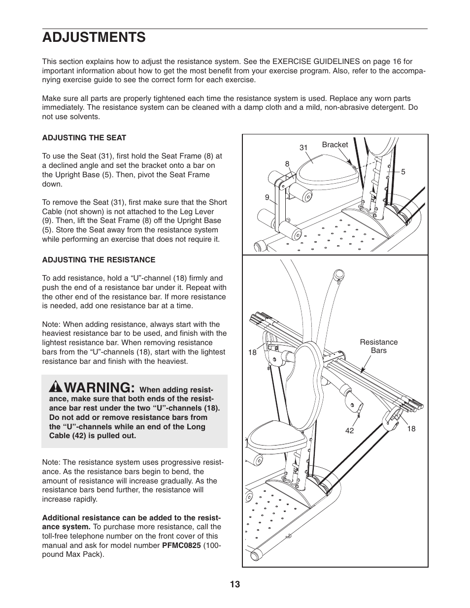 Adjustments, Warning | ProForm Recoil PFCCSY2926.1 User Manual | Page 13 / 20