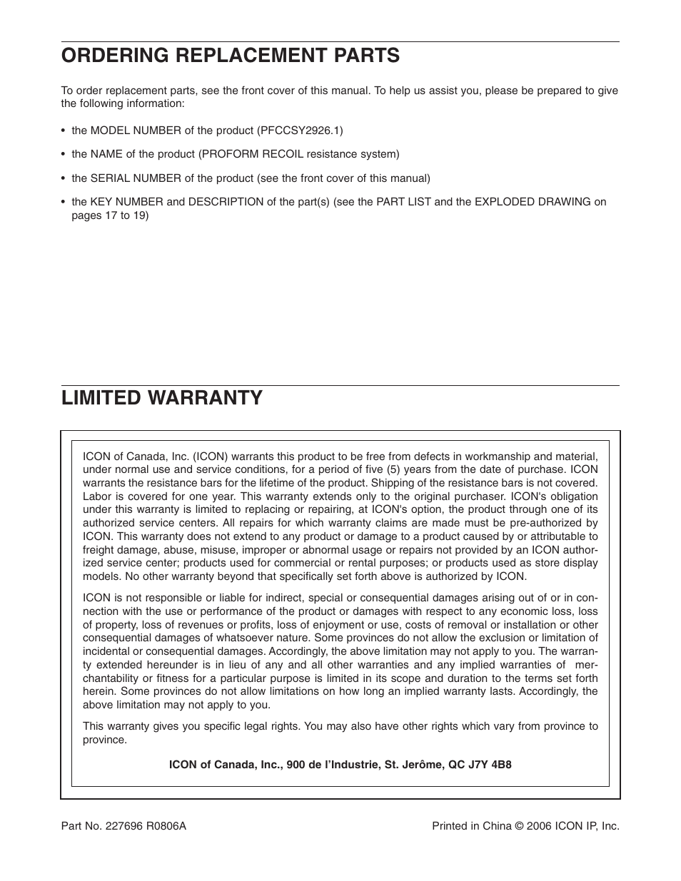 Ordering replacement parts limited warranty | ProForm Recoil PFCCSY2926.1 User Manual | Page 20 / 20
