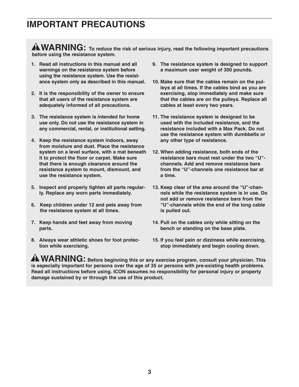 Warning, Important precautions | ProForm Recoil PFCCSY2926.1 User Manual | Page 3 / 20