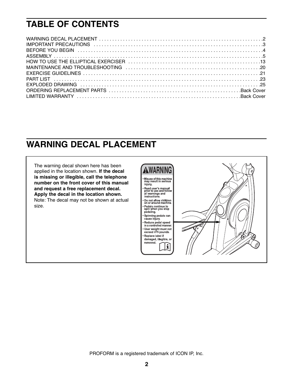 ProForm PFEL05807.0 User Manual | Page 2 / 28