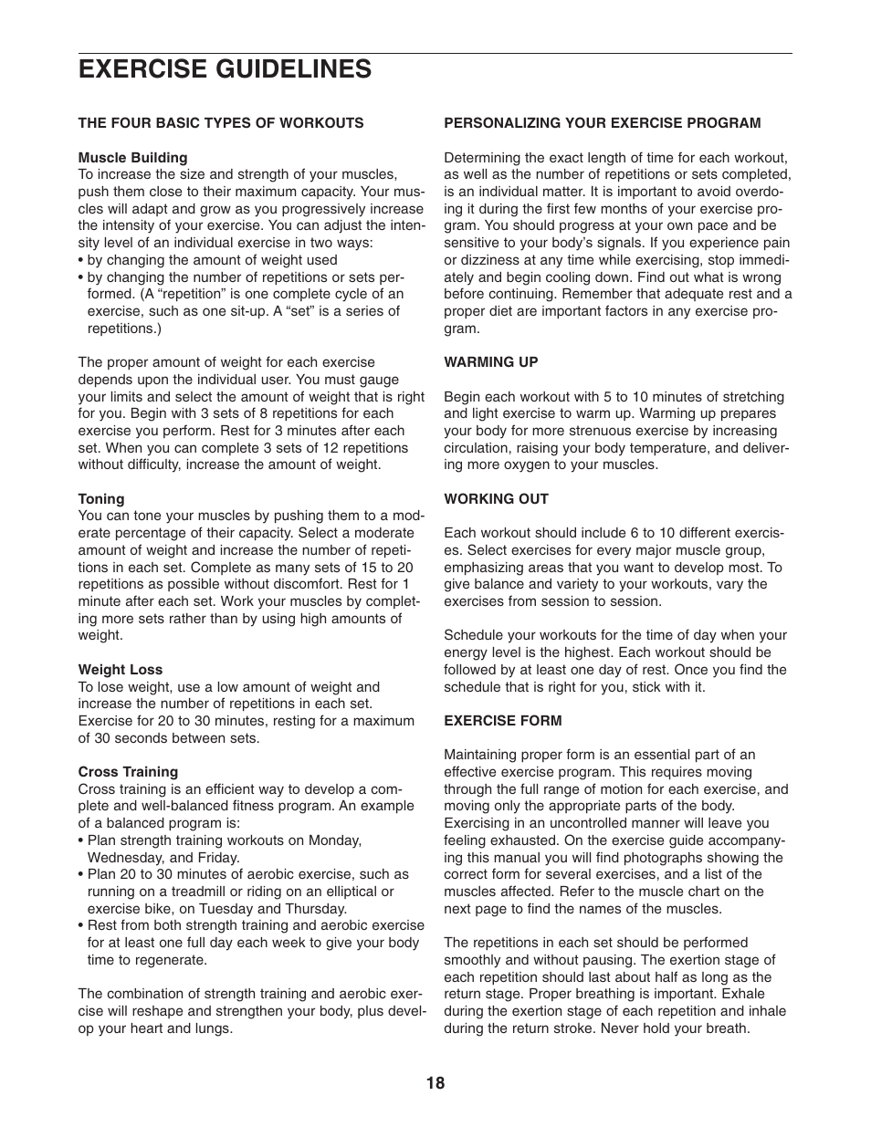 Exercise guidelines | ProForm PFANBE3525.0 User Manual | Page 18 / 24