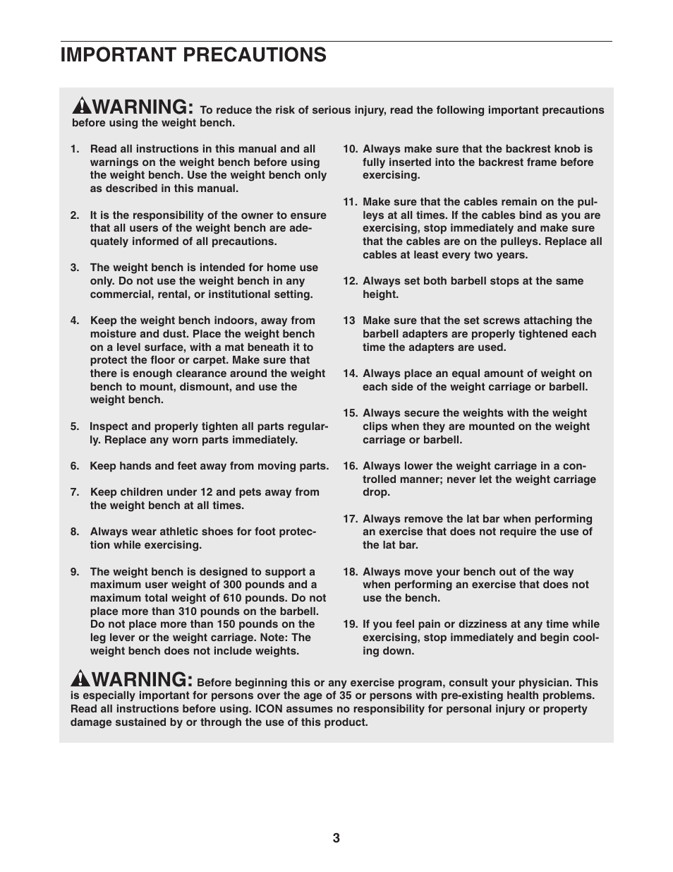 Warning, Important precautions | ProForm PFANBE3525.0 User Manual | Page 3 / 24