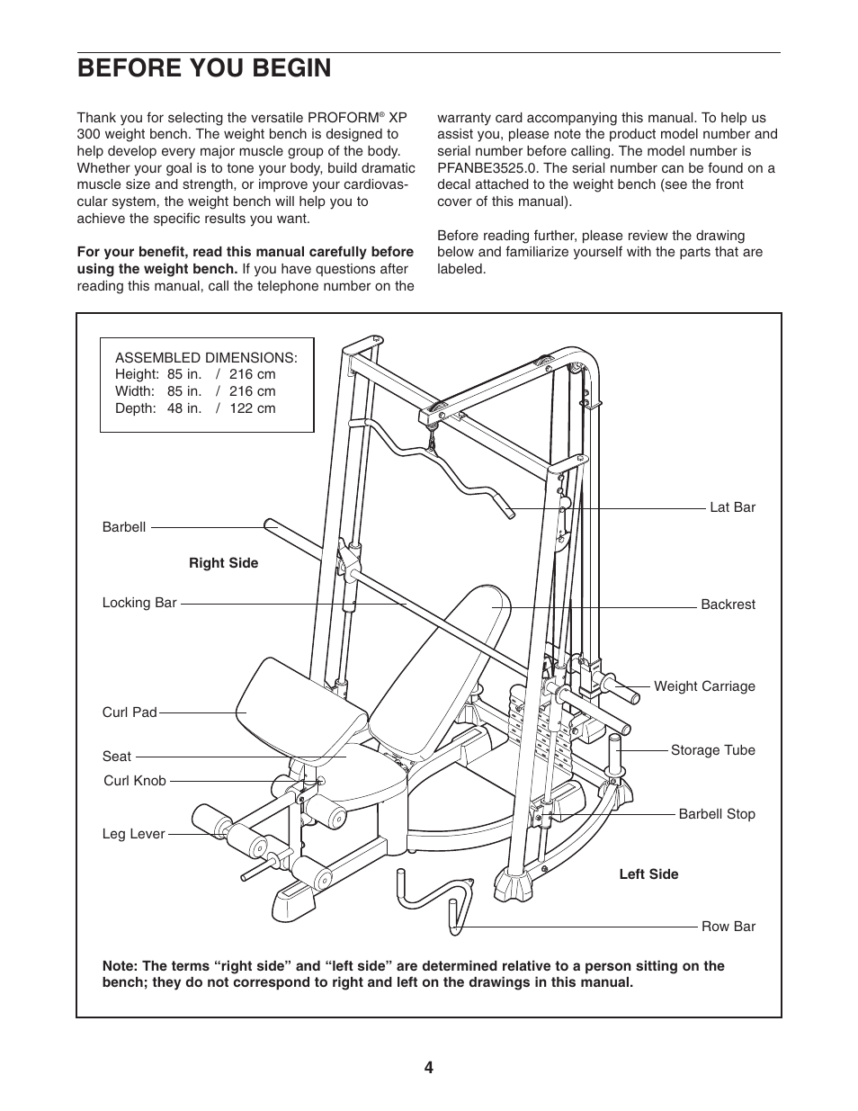 Before you begin | ProForm PFANBE3525.0 User Manual | Page 4 / 24