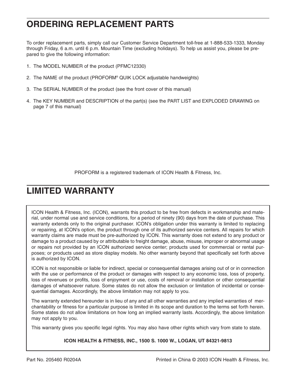 Limited warranty, Ordering replacement parts | ProForm PFMC12330 User Manual | Page 8 / 8