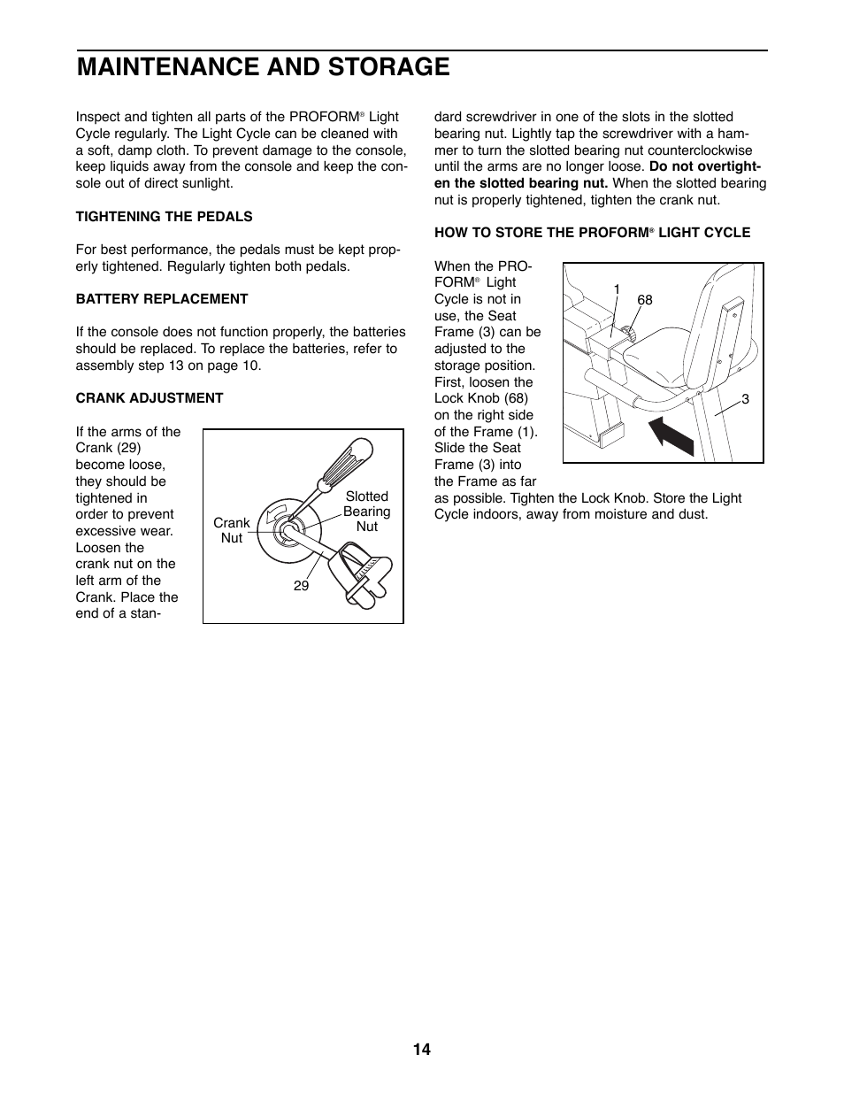 Maintenance and storage | ProForm PFRX35391 User Manual | Page 14 / 20