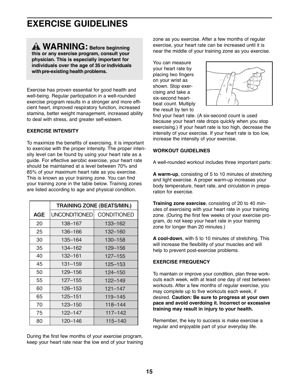 Warning, Exercise guidelines | ProForm PFRX35391 User Manual | Page 15 / 20