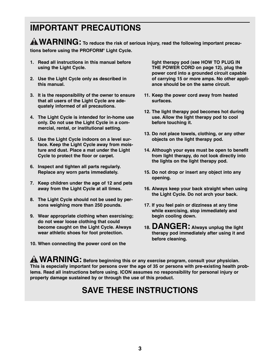 Important precautions warning, Danger, Warning | Save these instructions | ProForm PFRX35391 User Manual | Page 3 / 20