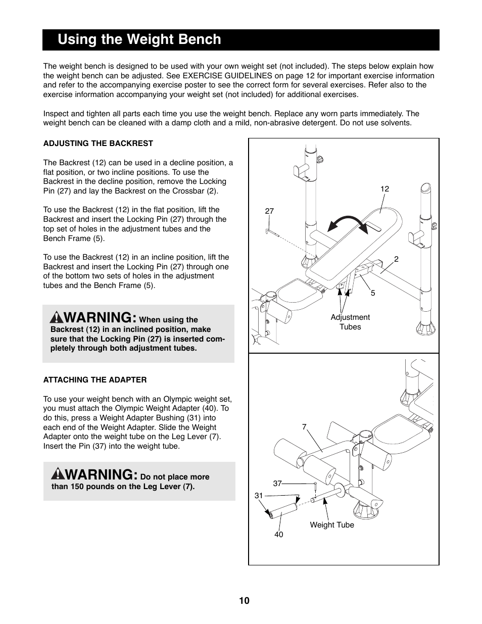 Using the weight bench warning, Warning | ProForm PFBE19000 User Manual | Page 10 / 19