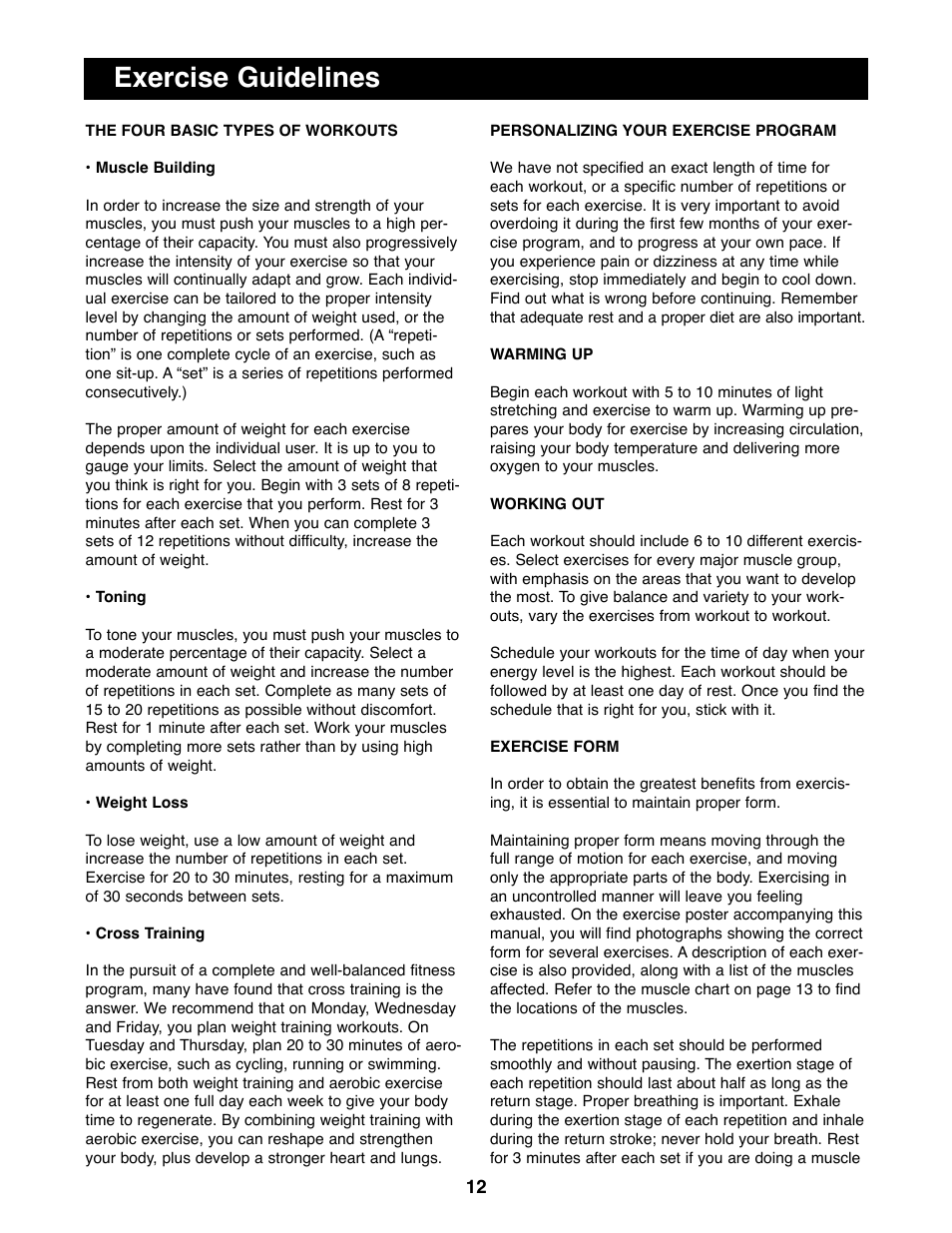 Exercise guidelines | ProForm PFBE19000 User Manual | Page 12 / 19