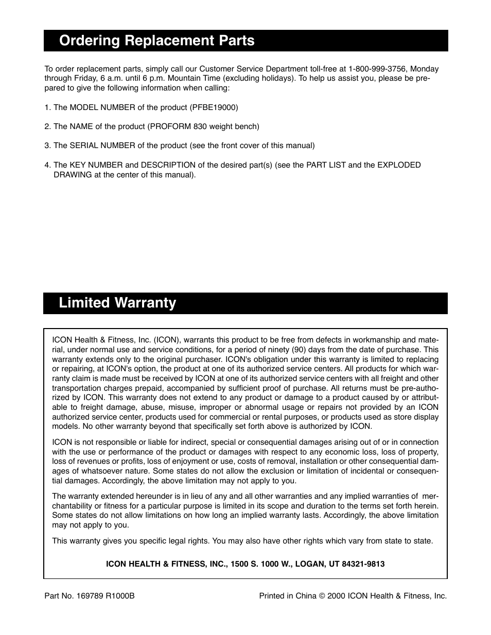 Ordering replacement parts, Limited warranty | ProForm PFBE19000 User Manual | Page 16 / 19