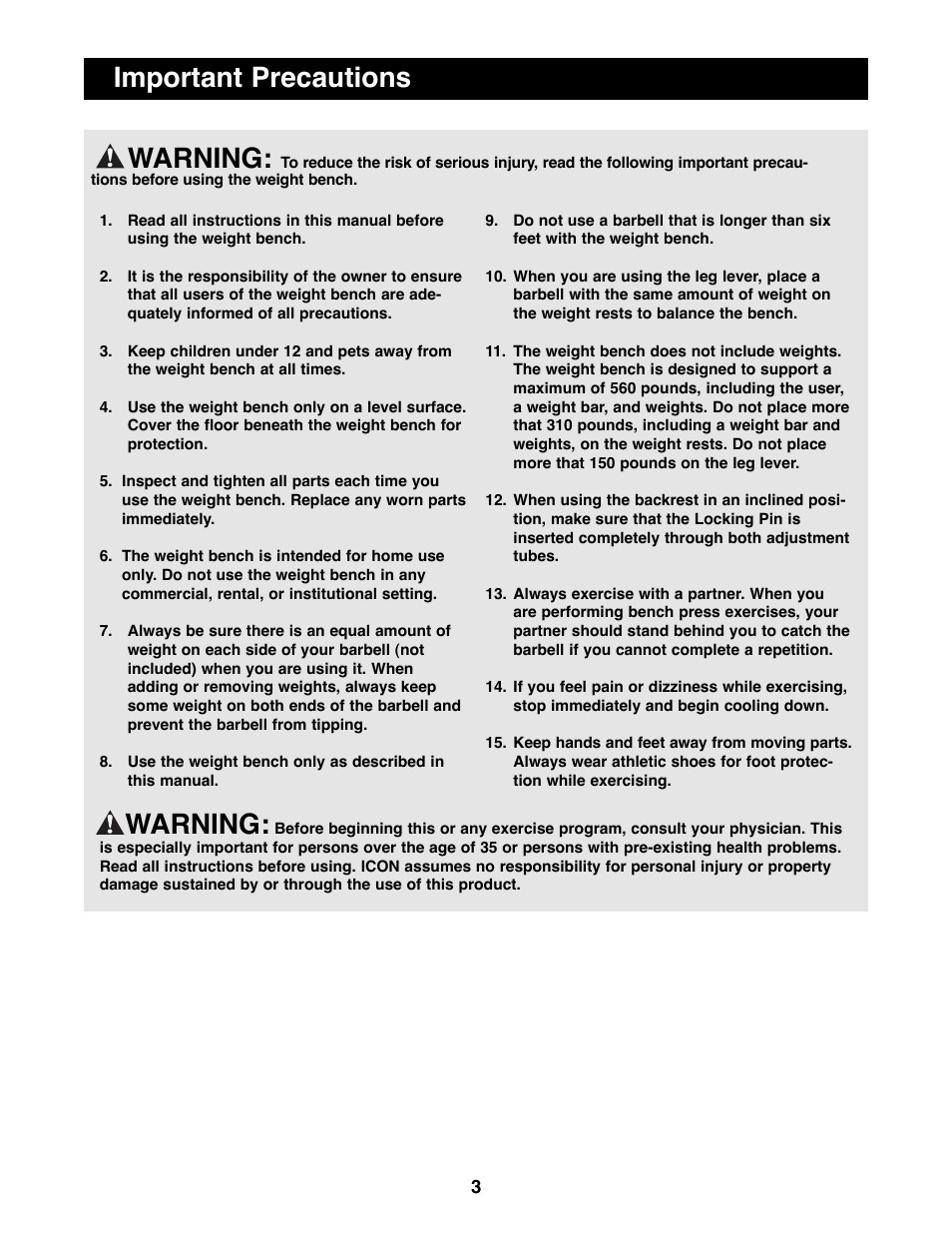 Warning, Important precautions warning | ProForm PFBE19000 User Manual | Page 3 / 19