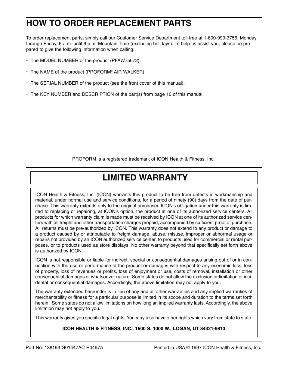 How to order replacement parts, Limited warranty | ProForm PFAW75072 User Manual | Page 12 / 12