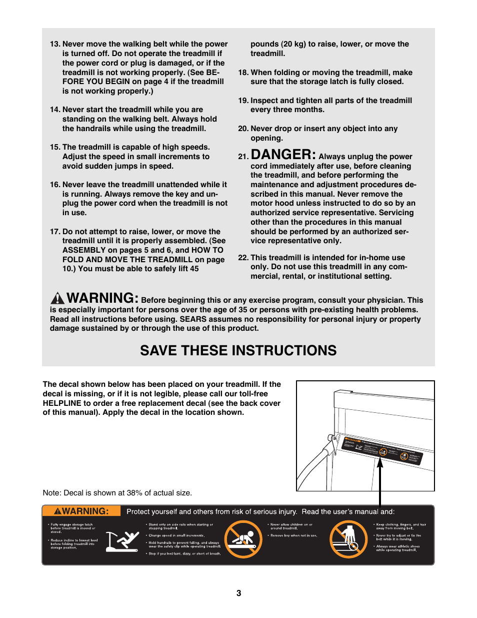 Danger, Warning, Save these instructions | ProForm 831.299400 User Manual | Page 3 / 18
