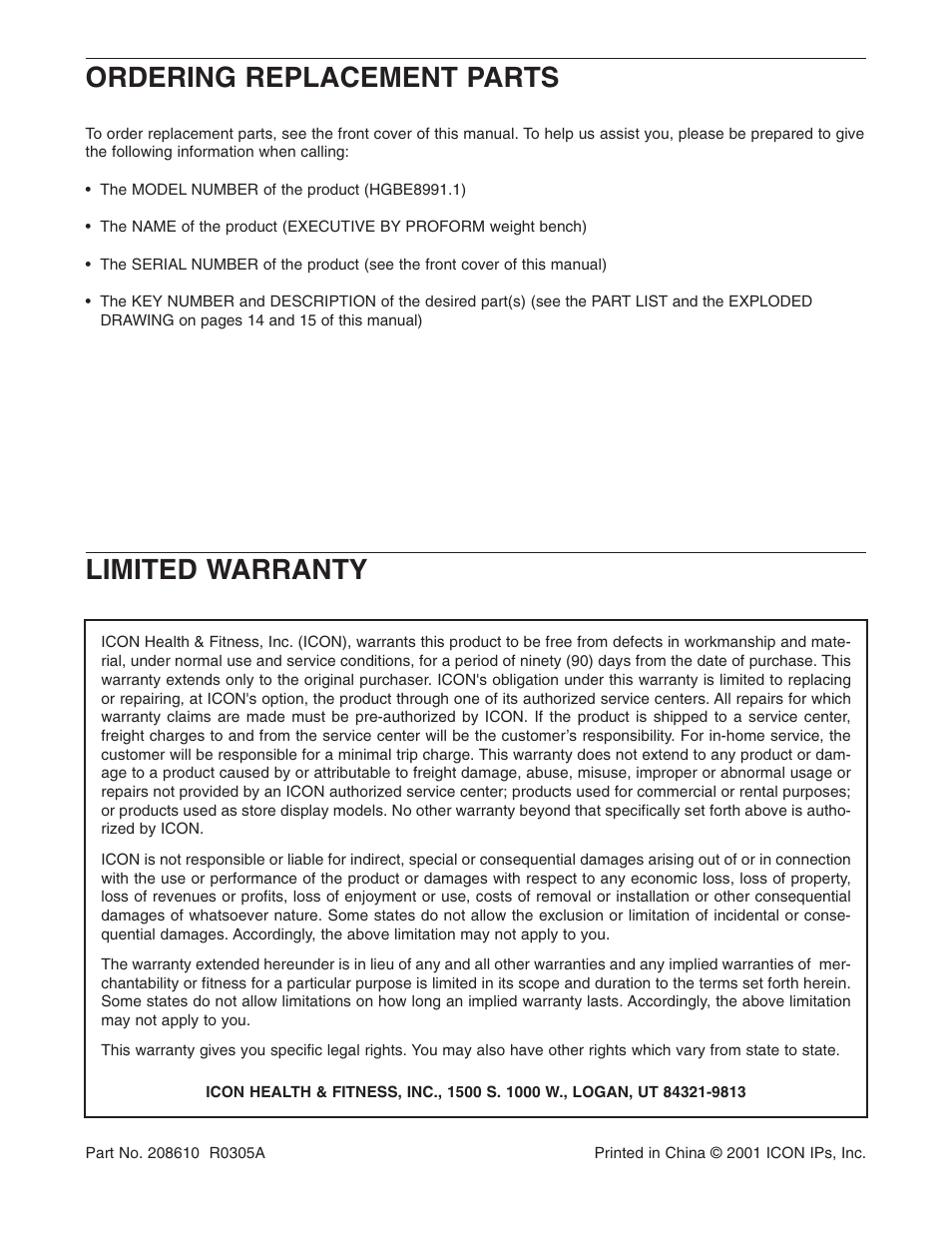 Limited warranty ordering replacement parts | ProForm HGBE8991.1 User Manual | Page 16 / 16