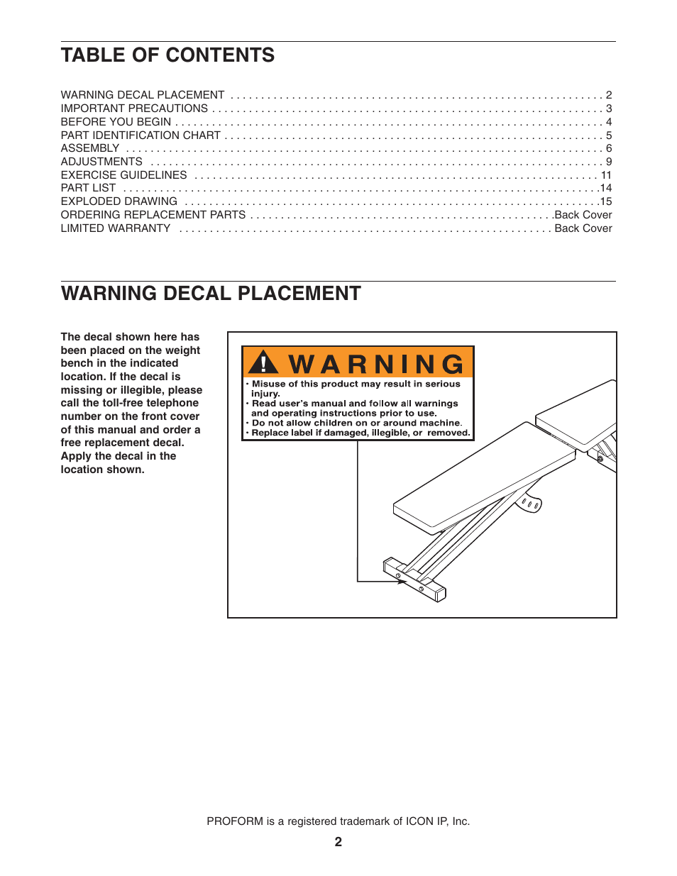 Table of contents warning decal placement | ProForm HGBE8991.1 User Manual | Page 2 / 16