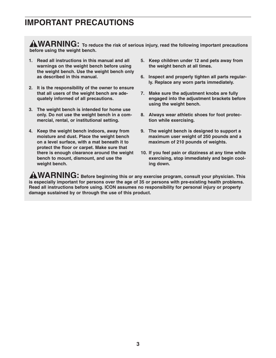 Warning, Important precautions | ProForm HGBE8991.1 User Manual | Page 3 / 16