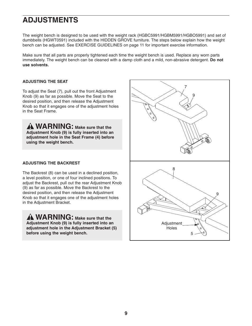 Adjustments, Warning | ProForm HGBE8991.1 User Manual | Page 9 / 16