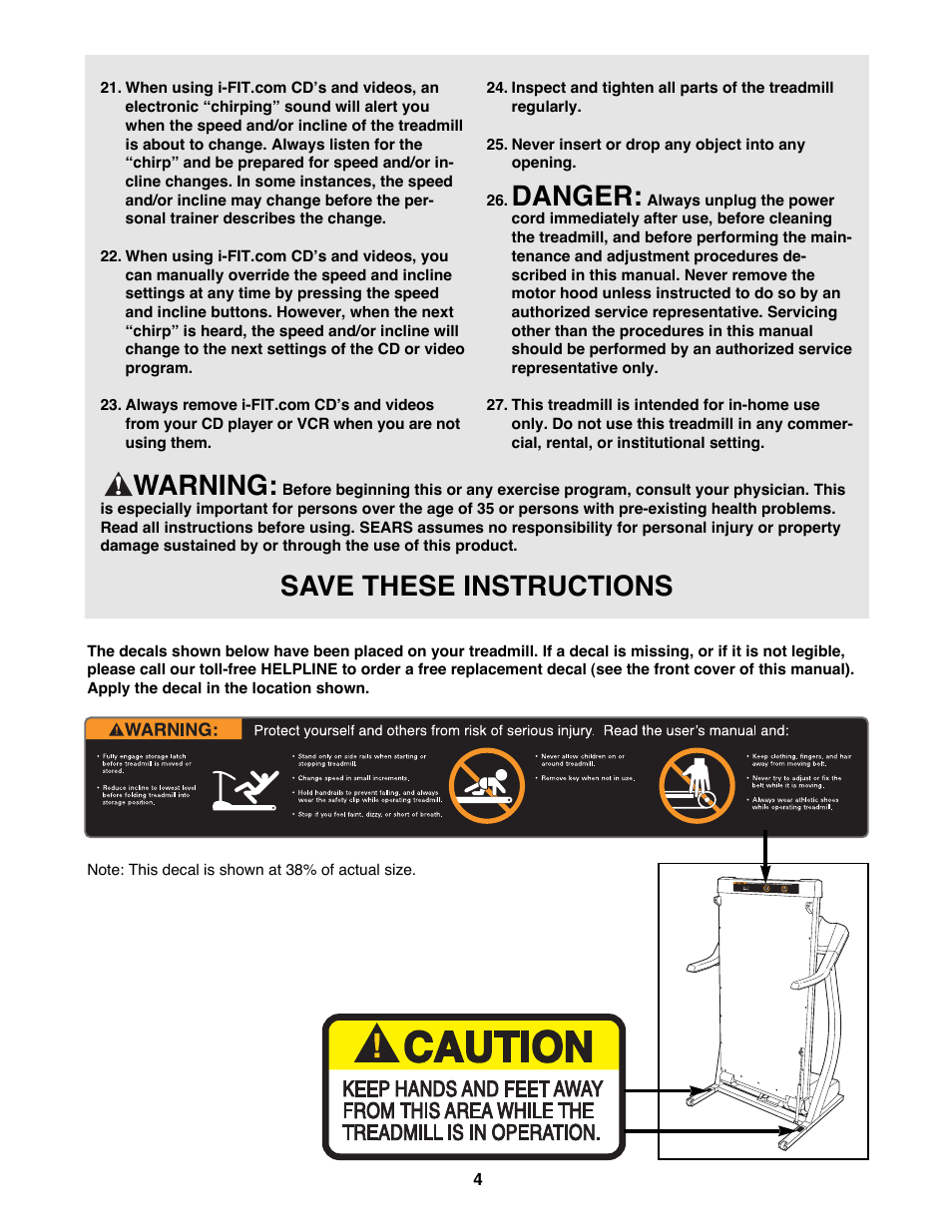 Danger, Warning, Save these instructions | ProForm 745CS 831.299470 User Manual | Page 4 / 30