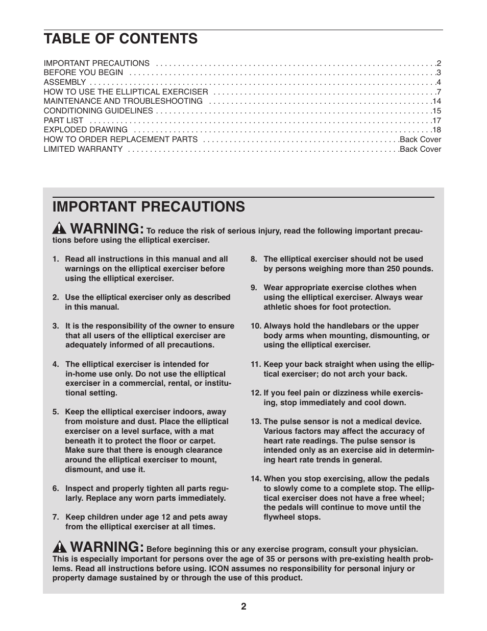 ProForm PFEL5055 User Manual | Page 2 / 20