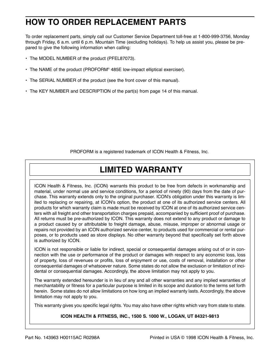How to order replacement parts, Limited warranty | ProForm PFEL87073 User Manual | Page 16 / 16
